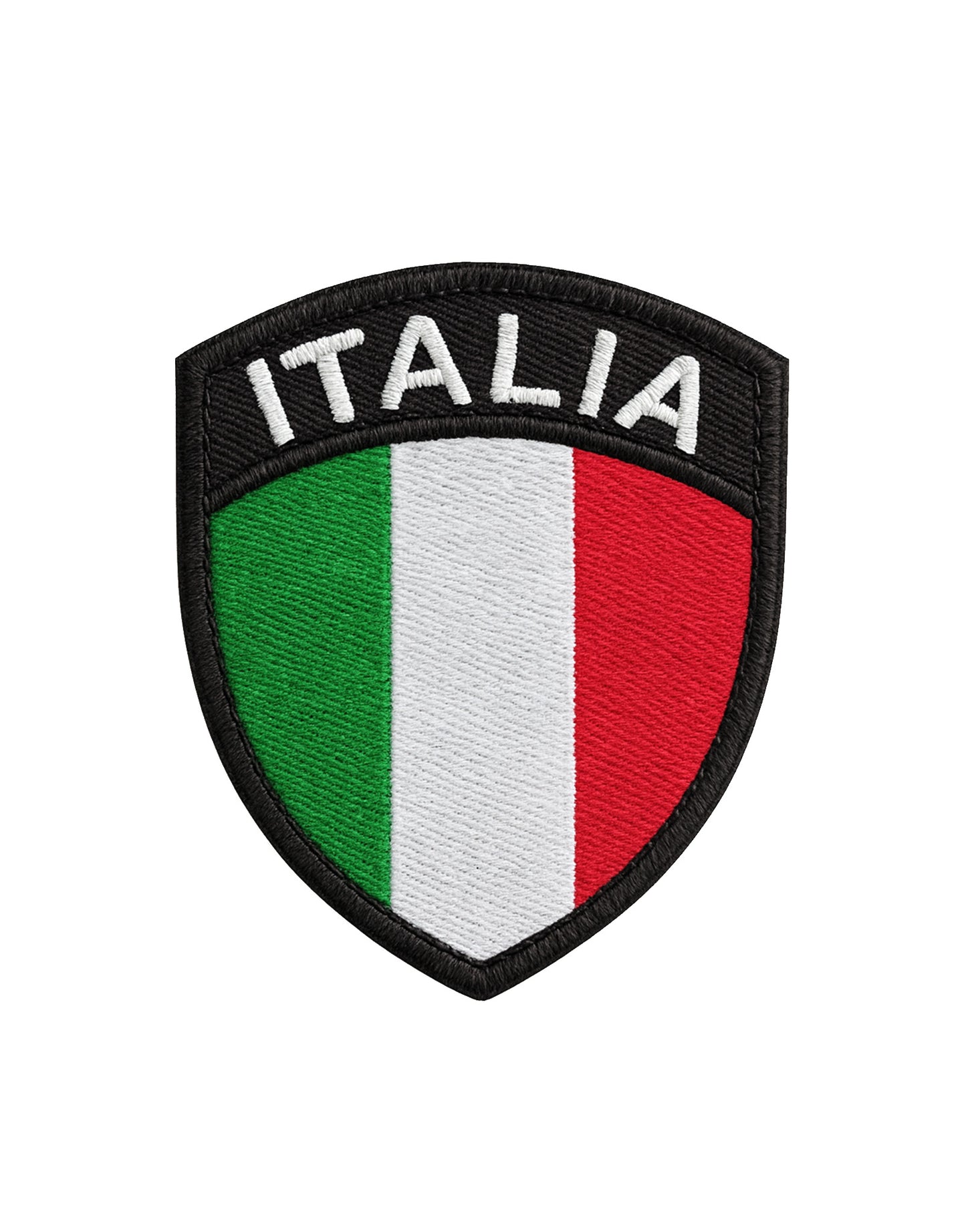 Italia Tricolore Patch im Wappen-Design mit Klettverschluss, grün-weiß-rot gestickt, Rückseite aus Velcro zur Befestigung an Rucksäcken, Gym-Bags und Tactical Gear, freigestelltes Produktfoto für Detailansicht.