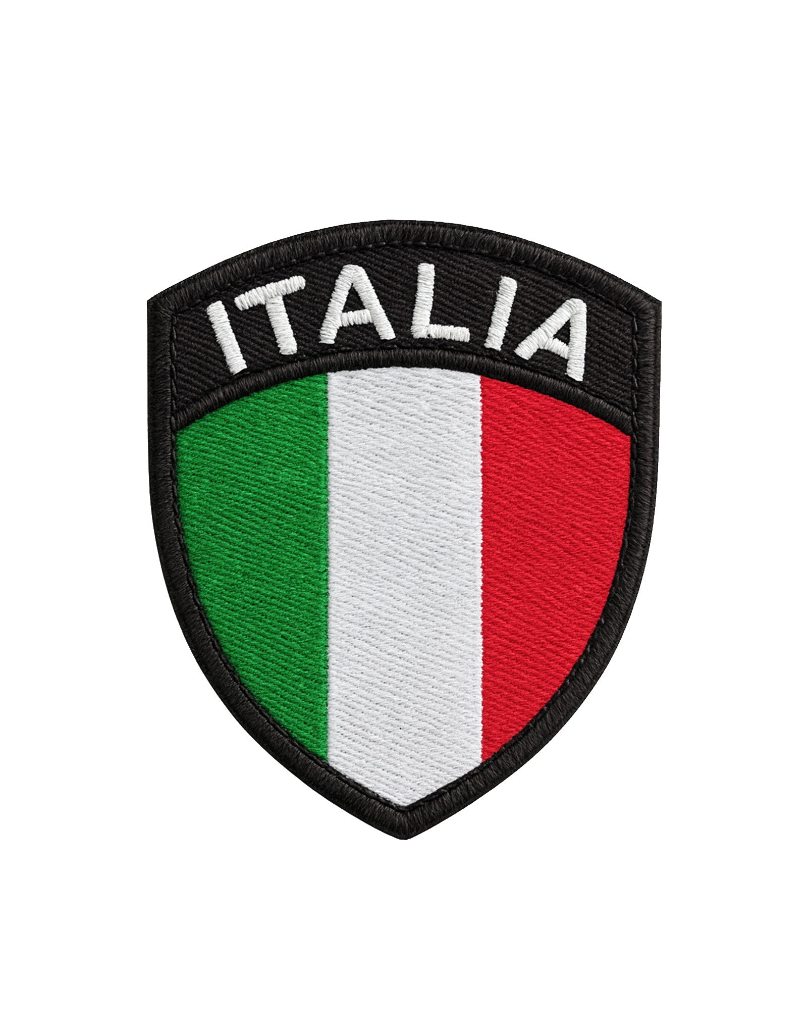 Italia Tricolore Patch im Wappen-Design mit Klettverschluss, grün-weiß-rot gestickt, Rückseite aus Velcro zur Befestigung an Rucksäcken, Gym-Bags und Tactical Gear, freigestelltes Produktfoto für Detailansicht.
