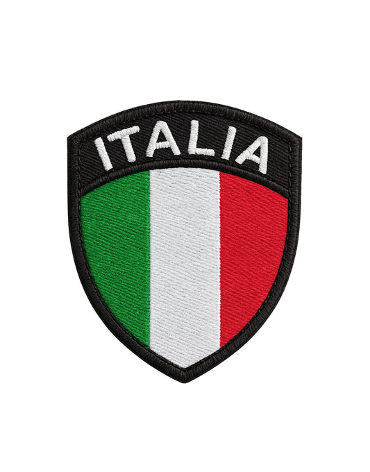 Italia Tricolore Patch im Wappen-Design mit Klettverschluss, grün-weiß-rot gestickt, Rückseite aus Velcro zur Befestigung an Rucksäcken, Gym-Bags und Tactical Gear, freigestelltes Produktfoto für Detailansicht.