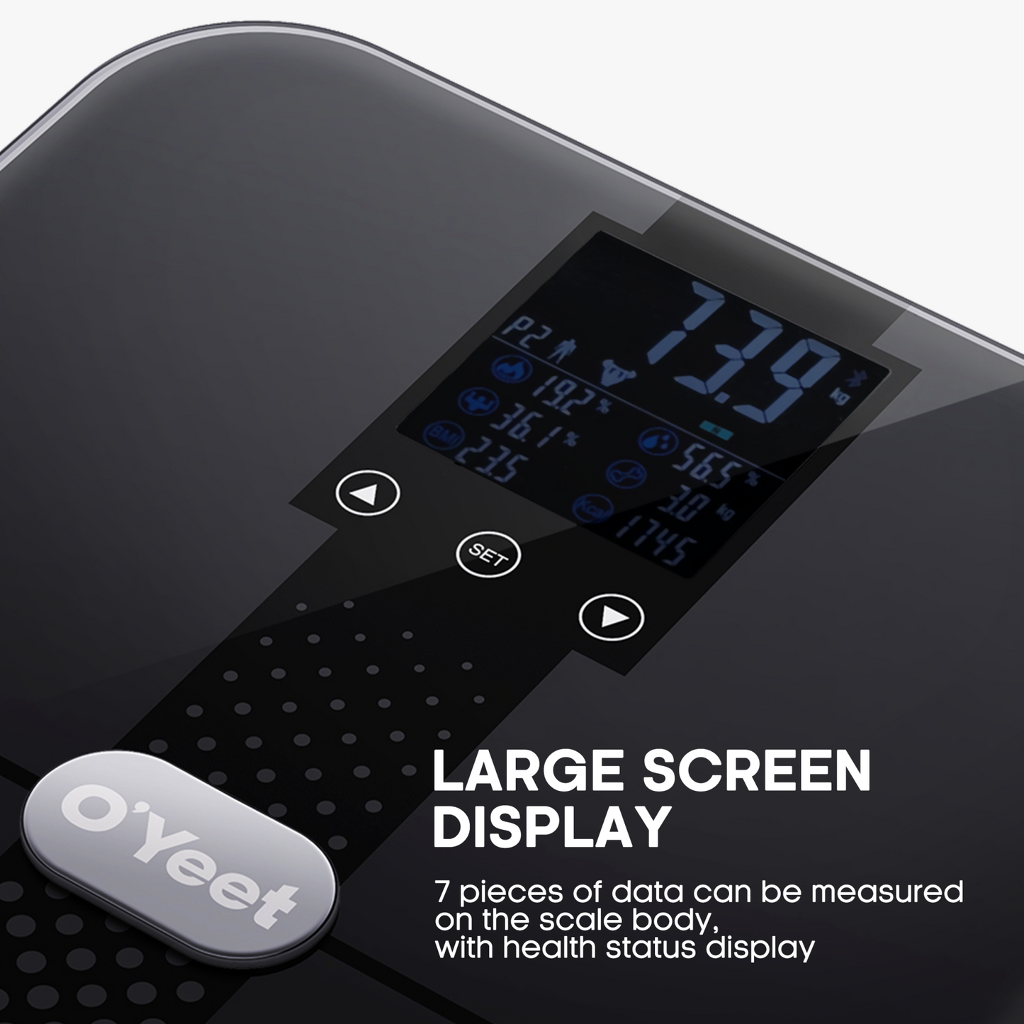 O’Yeet BS-OY02 Smarte Körperanalysewaage mit großer LED-Anzeige und präzisen Sensoren.