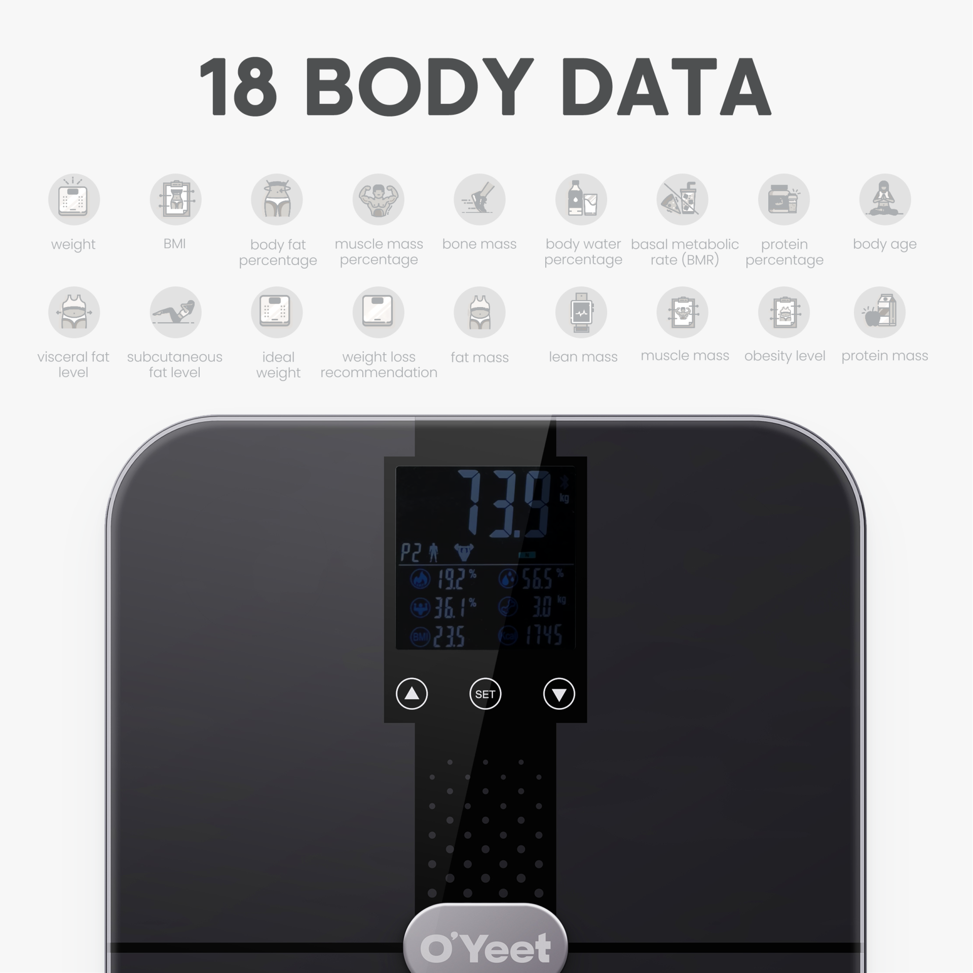 O’Yeet Körperanalysewaage BS-OY02 zeigt Gewicht, Körperfett, Wasser- und Muskelanteil auf der LED-Anzeige