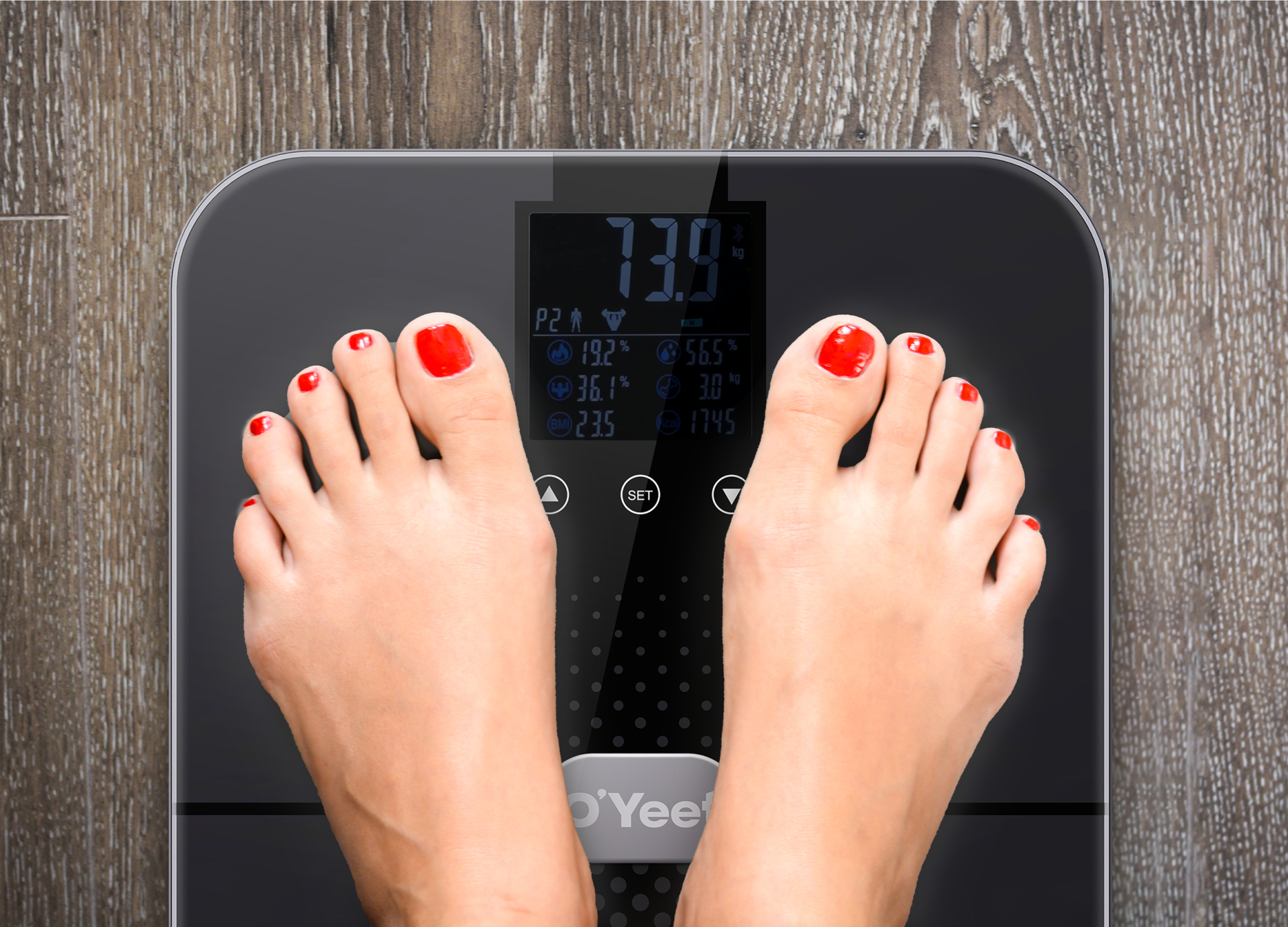 LED-Anzeige der O’Yeet BS-OY02 Waage zeigt Gewicht, Körperfett, Wasser- und Muskelanteil