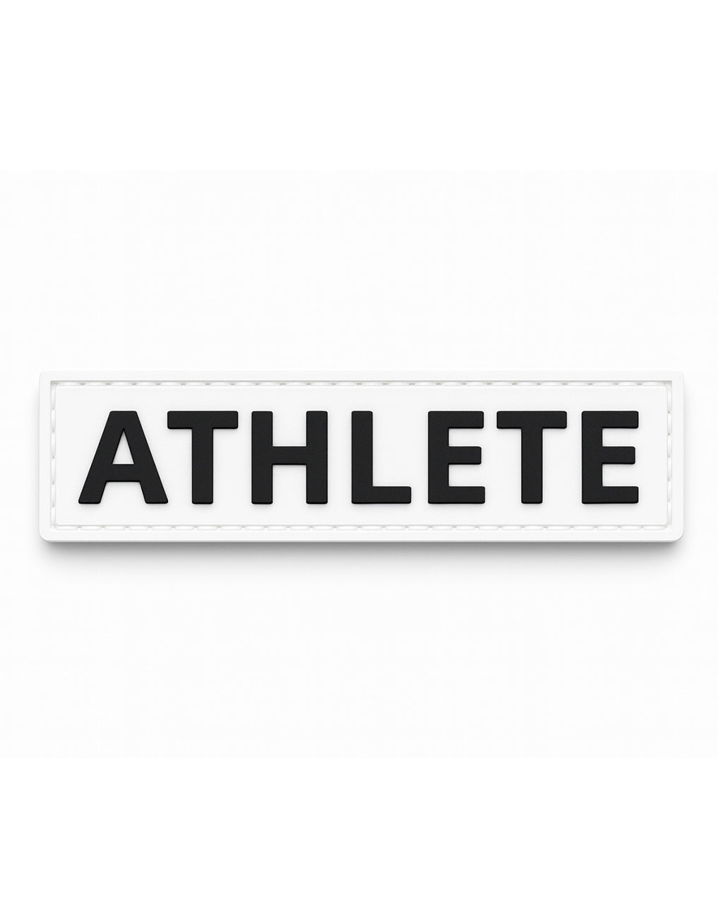 Weißer 3D-Rubber Patch ATHLETE mit schwarzem erhabenem Schriftzug – hochwertiger PVC-Patch mit Klett-Rückseite für Sportbekleidung, Hoodies, Rucksäcke und Trainingstaschen im Gym, CrossFit und Functional Fitness.