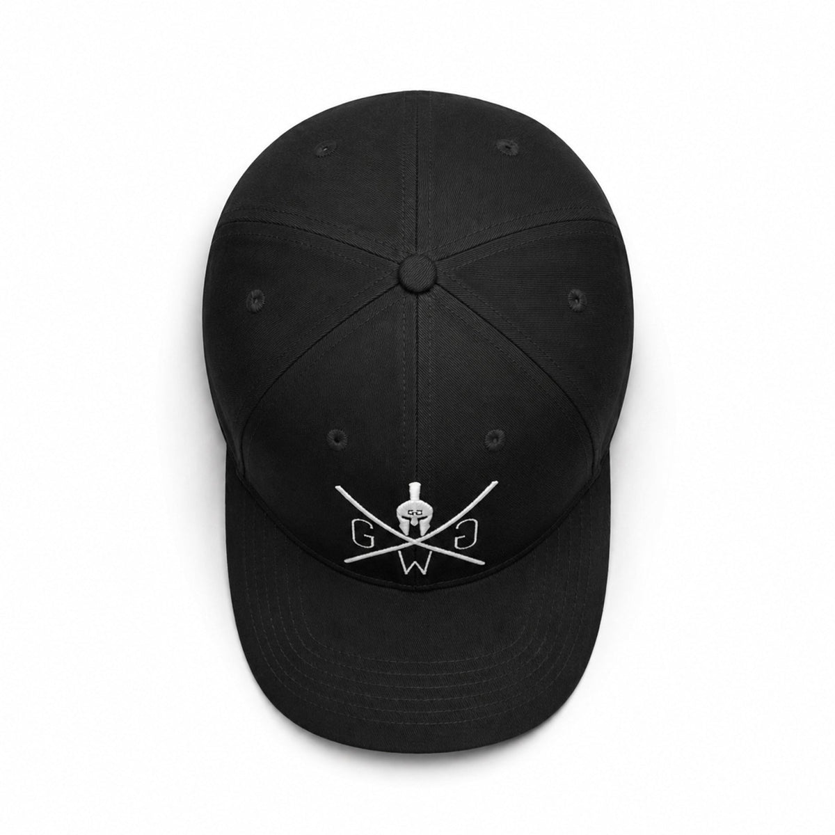 Schwarze Gym Cap Athletics von Gym Generation von oben, 6-Panel-Konstruktion mit verstärktem Frontpanel
