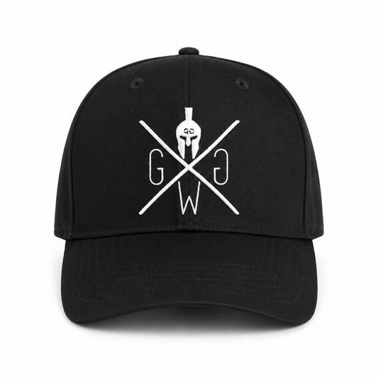 Schwarze Baseball Cap Athletics von Gym Generation in der Frontansicht mit gesticktem Logo in Weiss auf dem Frontpanel