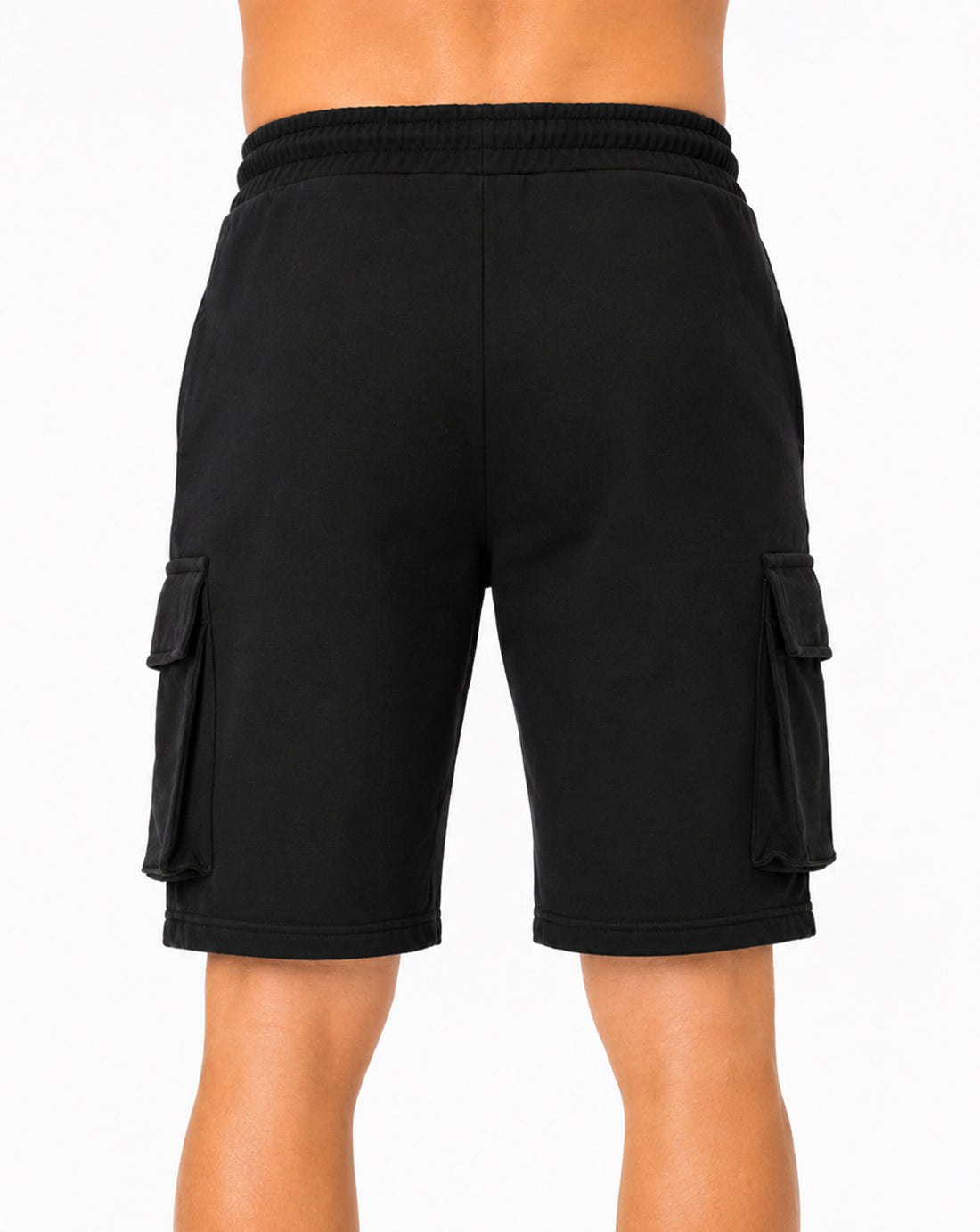 Schwarze Gym Generation Cargo Shorts Herren Maverick, Rückansicht mit cleanem Schnitt, elastischem Bund und sportlichem Fitness-Design