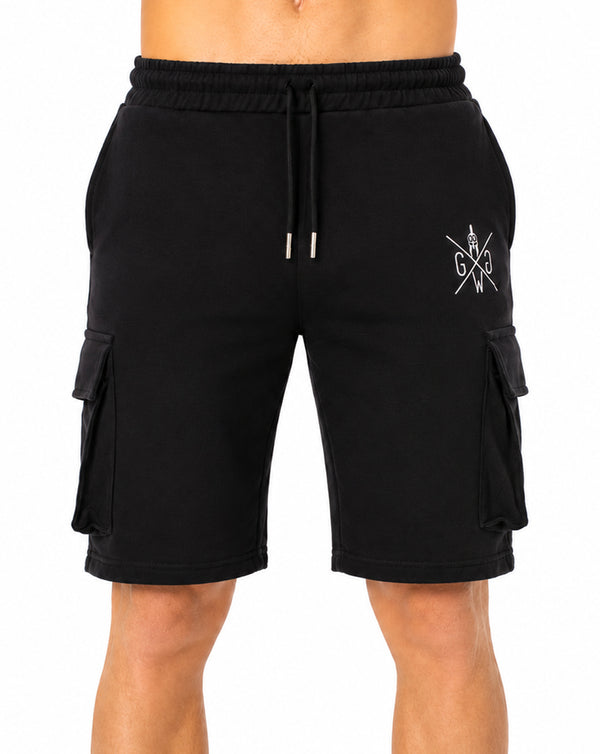 Men's black cargo gym shorts by Gym Generation, front view with elastic waistband, drawcord and embroidered logo