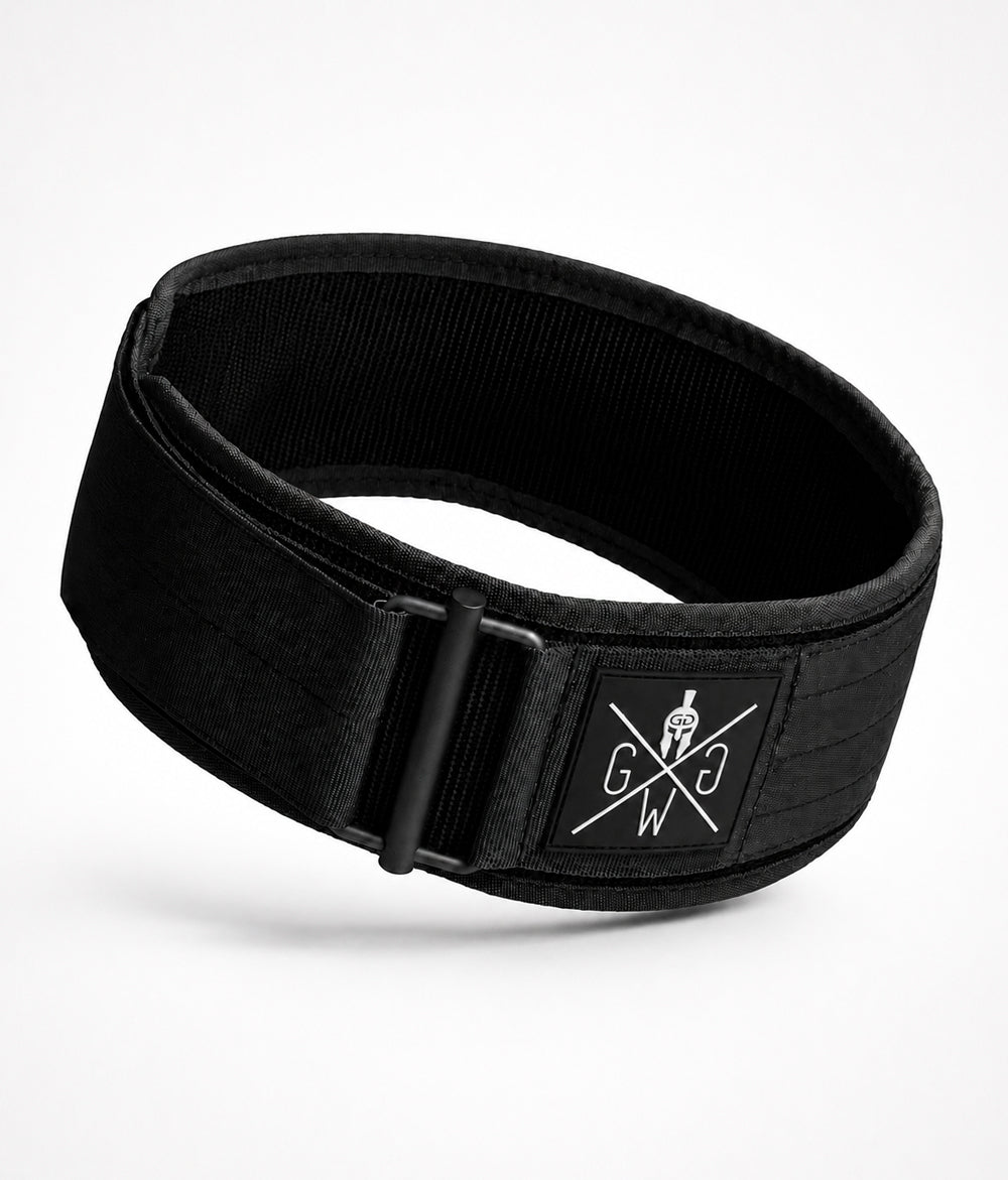 Schwarzer gepolsterter Gewichthebergürtel von Gym Generation mit Klettverschluss und Gym Warriors Logo