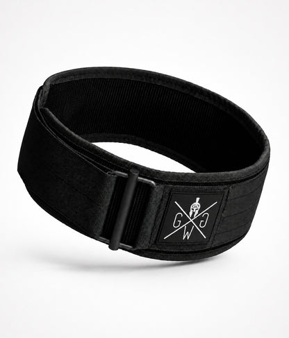 Schwarzer gepolsterter Gewichthebergürtel von Gym Generation mit Klettverschluss und Gym Warriors Logo