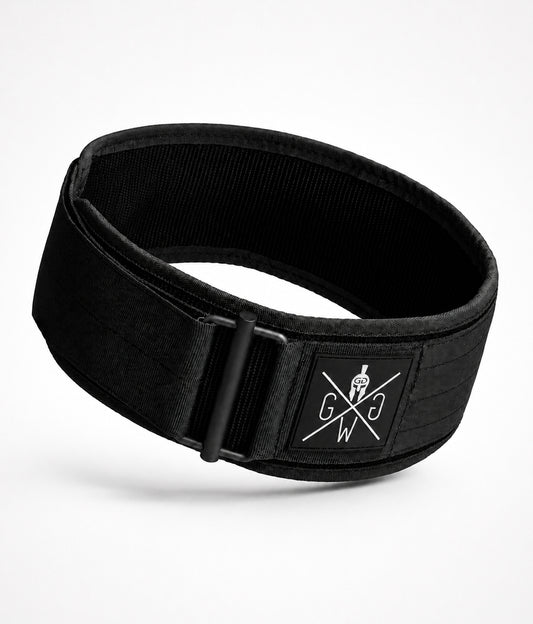 Schwarzer gepolsterter Gewichthebergürtel von Gym Generation mit Klettverschluss und Gym Warriors Logo