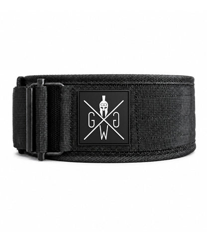 Frontansicht des CoreFlex Fitness Gürtels von Gym Generation mit All Black Design, Gummi Logo und Klettverschluss