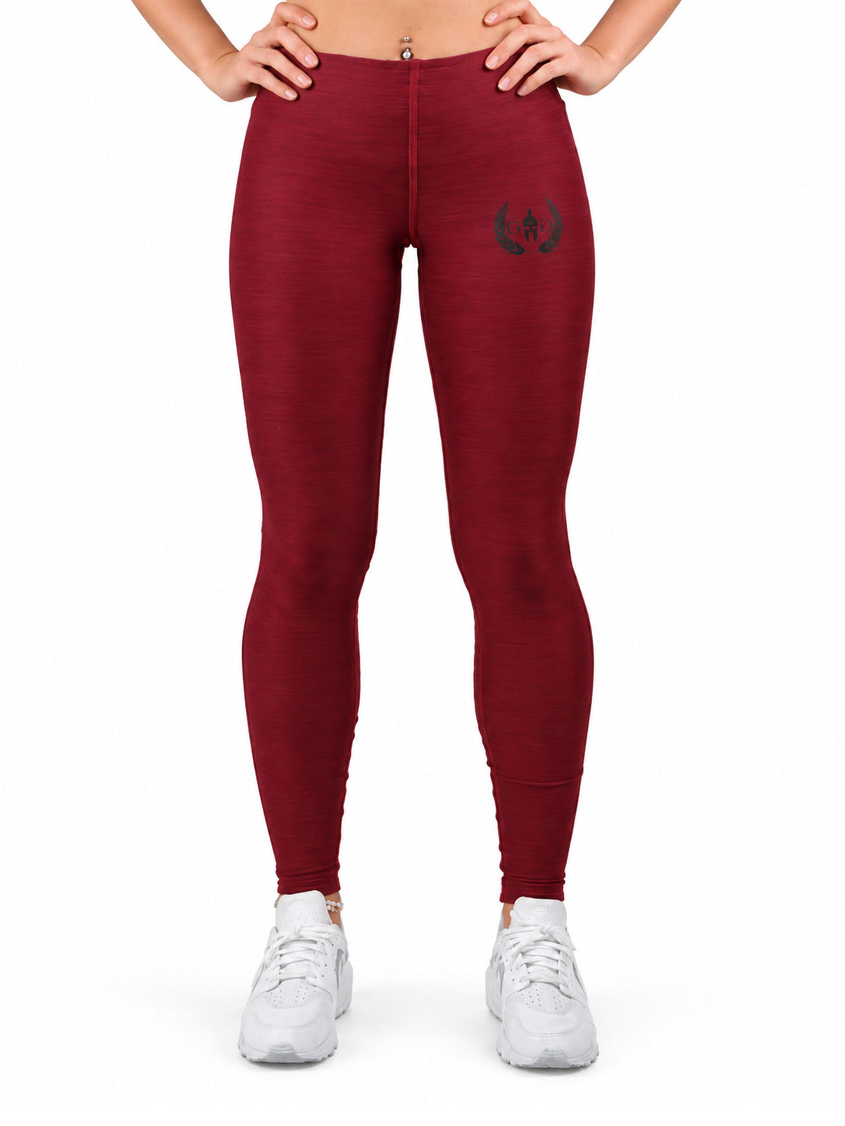 Leggings Bordeaux Damen in der Vorderansicht, meliert, mit Gym Generation Logo in Schwarz am Oberschenkel