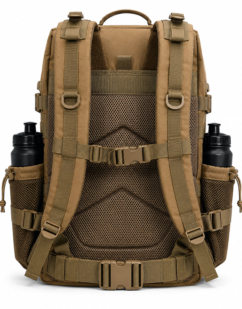 Gym Rucksack Adventurer in Sahara Beige, Rückansicht mit gepolsterten S-Form-Schultergurten, belüftetem Mesh-Rücken, Brust- und Hüftgurt