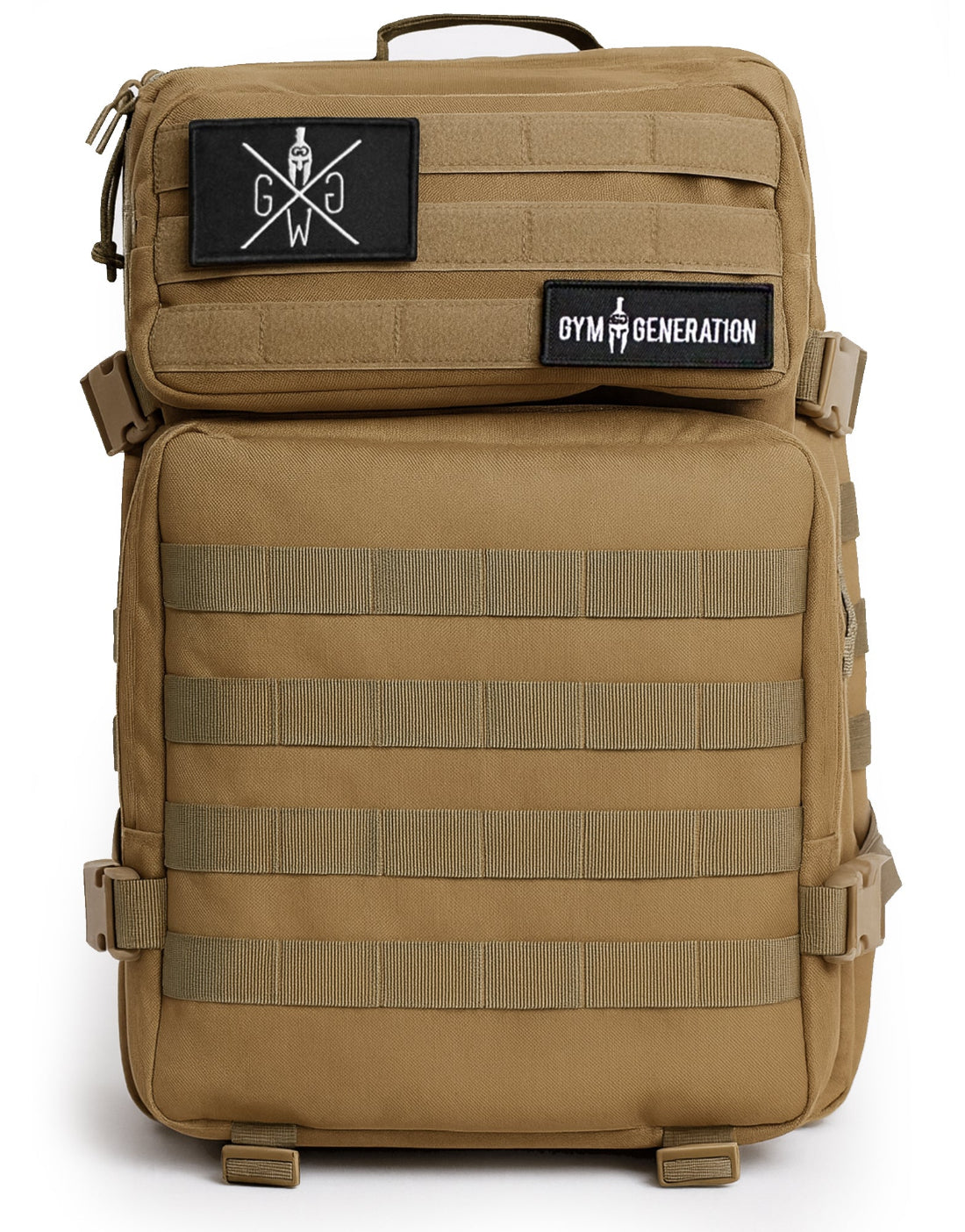 Gym Generation Adventurer Fitness Rucksack in Sahara Beige mit MOLLE-Panel und grosser Fronttasche – robuster Gym- und Outdoor-Backpack für Training, Reisen und Alltag