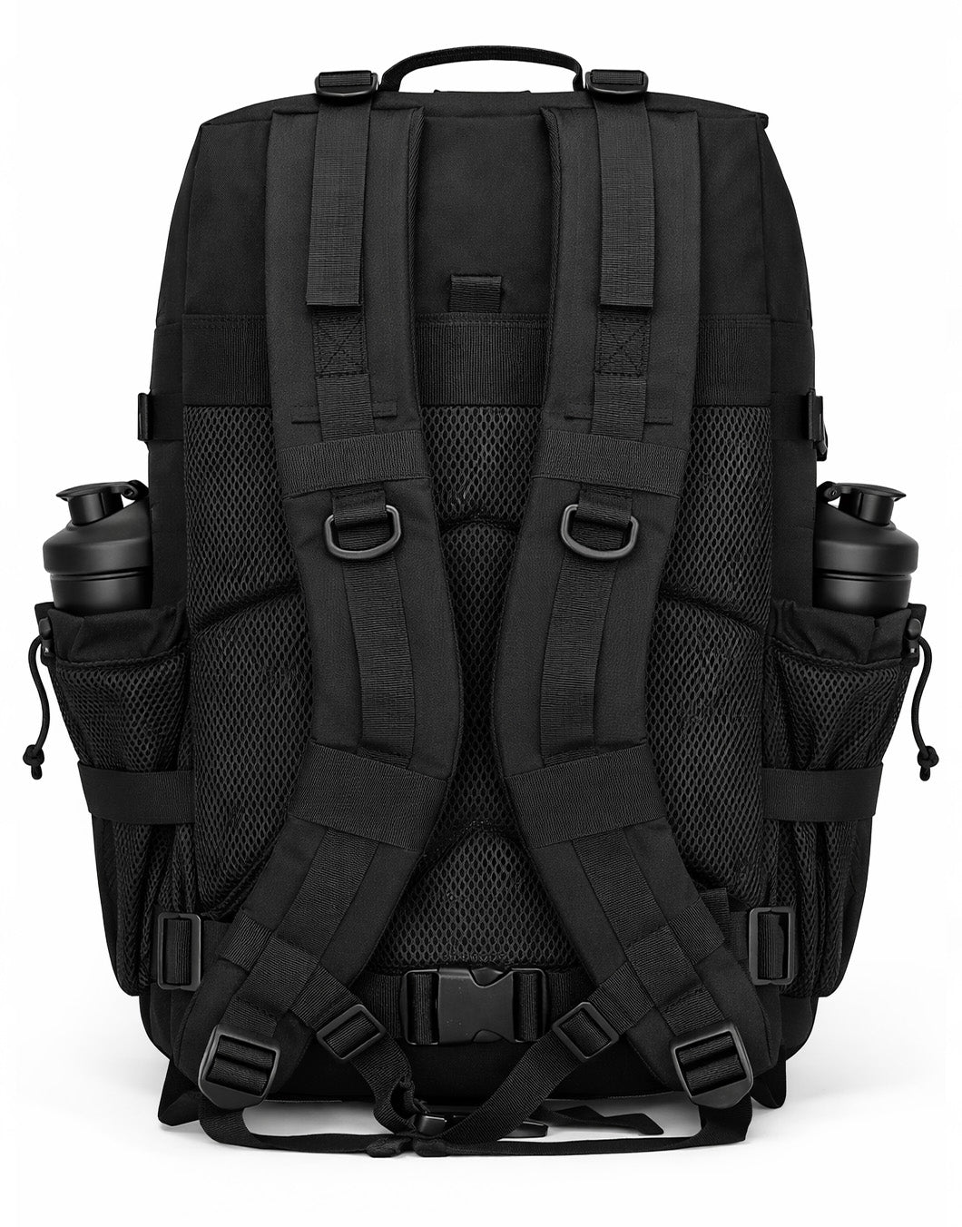 Gym Generation Tactical Fitness Rucksack Schwarz – Rückenansicht mit ergonomischem Air-Mesh-Rückenpolster, gepolsterten Schultergurten, Brust- & Hüftgurt, seitlichen Flaschenhaltern und maximalem Tragekomfort für Gym, Outdoor und Alltag