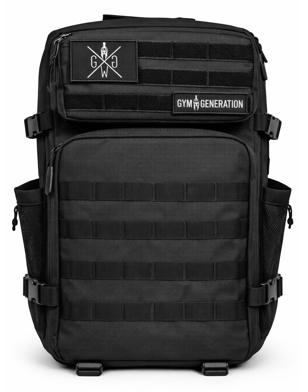 Gym Generation Fitness & Outdoor Rucksack Schwarz in Frontansicht mit MOLLE-System und Patch-Flächen – extrem robuster, spritzwasserfester und reißfester 45L Tactical Rucksack für Gym, Krafttraining, Outdoor-Abenteuer, Reisen, Survival und Alltag