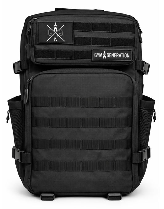 Gym Generation Fitness & Outdoor Rucksack Schwarz in Frontansicht mit MOLLE-System und Patch-Flächen – extrem robuster, spritzwasserfester und reißfester 45L Tactical Rucksack für Gym, Krafttraining, Outdoor-Abenteuer, Reisen, Survival und Alltag