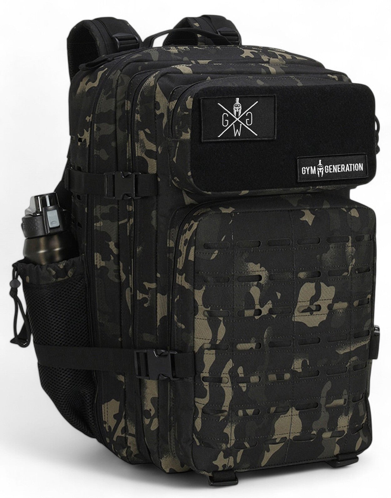 Camo Gym Rucksack – Robuster und geräumiger Fitness Rucksack mit Klettverschluss-Patches, ergonomischem Design und wetterfestem Material.