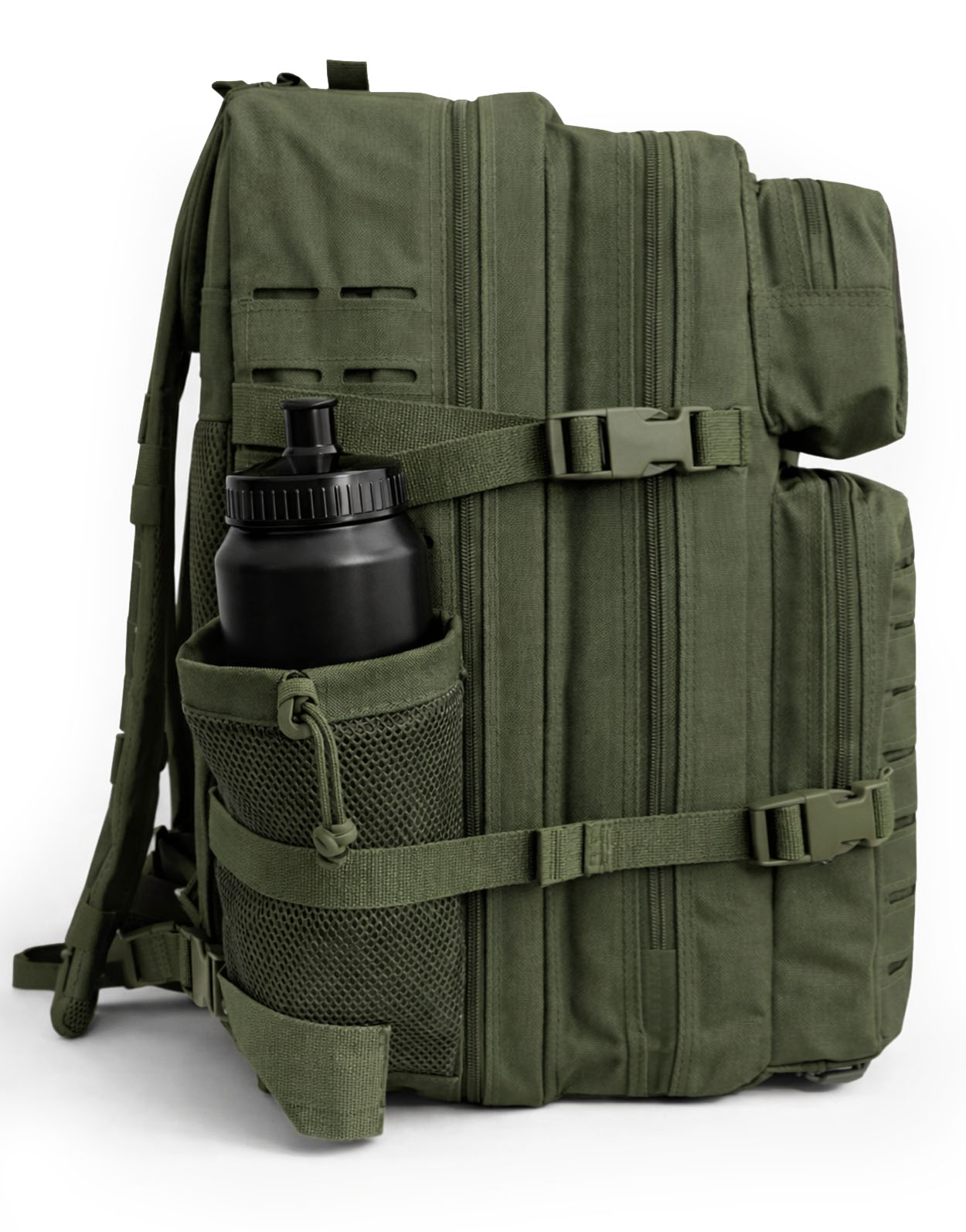 Olivgrüner Fitness-Rucksack von Gym Generation, Seitenansicht mit Flaschenhalter, 45 L Volumen, robustes Outdoor-Design.
