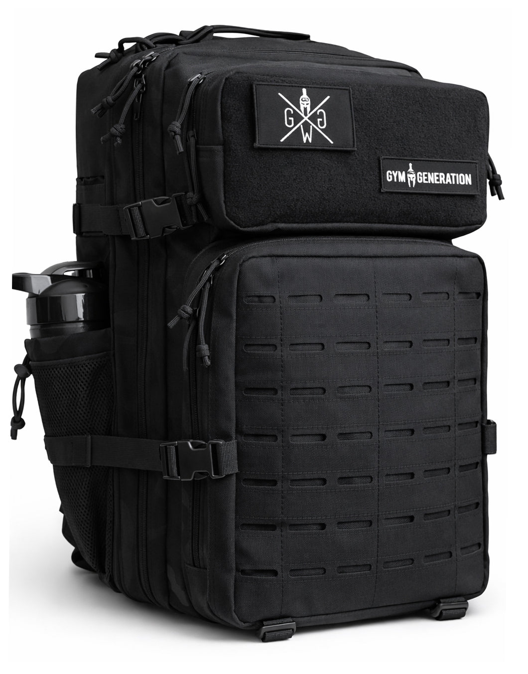 Gym Generation schwarzer Tactical Gym Rucksack 45L mit MOLLE-Frontpanel, Patch-Klettfläche und seitlichem Shaker- & Flaschenhalter – robuster Fitness-, Reise- & Outdoor-Rucksack für Krafttraining, Cross Training, HYROX, Travel und Daily Carry