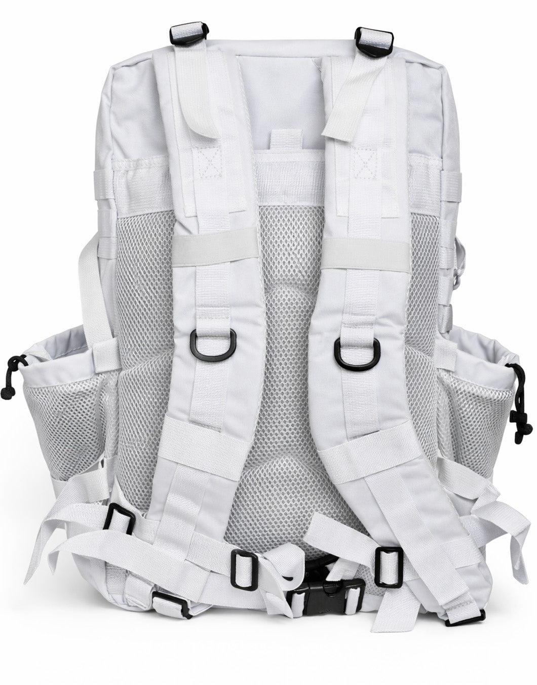 Rückansicht weisser Tactical Fitness Rucksack 45L mit ergonomischem Rückenpolster, atmungsaktivem Mesh, verstellbaren Schultergurten und Brust-/Hüftgurt – funktionaler Gym-, Reise- & Outdoor-Rucksack mit hohem Tragekomfort