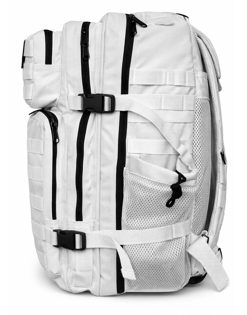 Weisser Fitness- & Reise-Rucksack 45L von Gym Generation – taktischer Gym-Rucksack mit MOLLE-Panel, Patch-Klettfläche, Flaschenhaltern und robuster Konstruktion