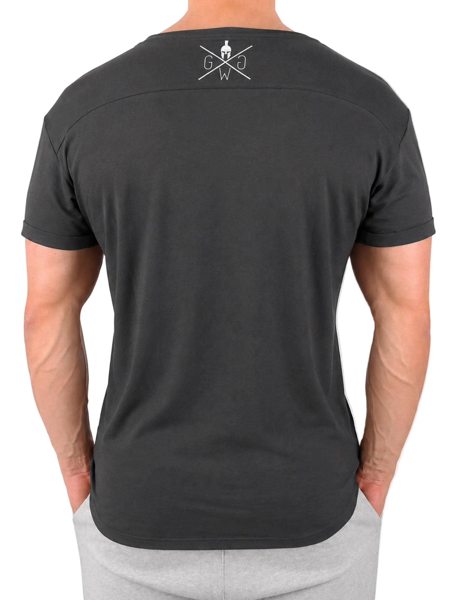 Rückenansicht vom dunkelgrauen Gym T-Shirt Herren mit kleinem weissem Gym Generation Logo im Nacken