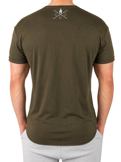 Olives Gym T-Shirt Herren von Gym Generation in Rückenansicht mit weissem Nackenlogo, athletic Fit und abgerundetem Saum