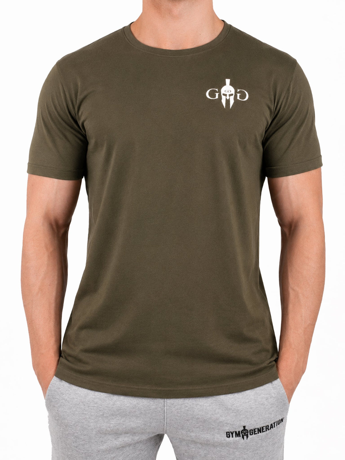 Olives Gym T-Shirt Herren von Gym Generation mit weissem Brustlogo, athletic Fit und cleanem Fitness-Look