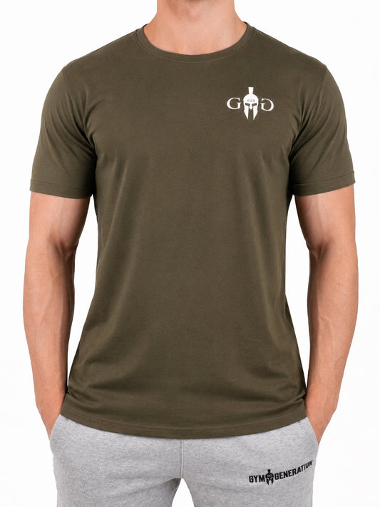 Olives Gym T-Shirt Herren von Gym Generation mit weissem Brustlogo, athletic Fit und cleanem Fitness-Look