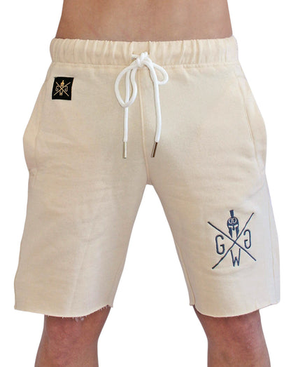 Herren Fitness Shorts "Off White" von Gym Generation – moderne Sporthosen mit Logo-Stick in Anthrazit, praktischen Taschen und abgeschnittenem Hosenbeinabschluss, ideal für Gym und Streetstyle.