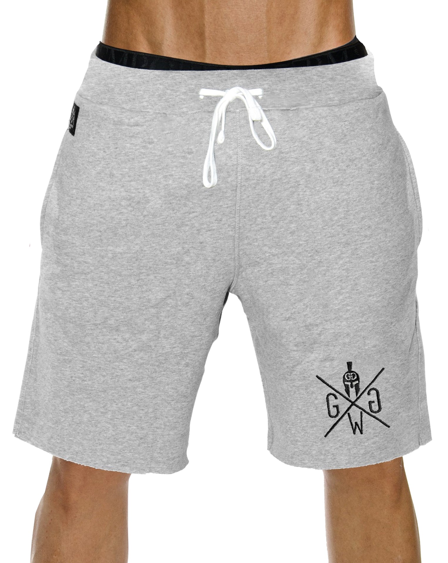 Graue Herren Fitness Shorts von Gym Generation aus Baumwolle mit elastischem Bund und Kordelzug.