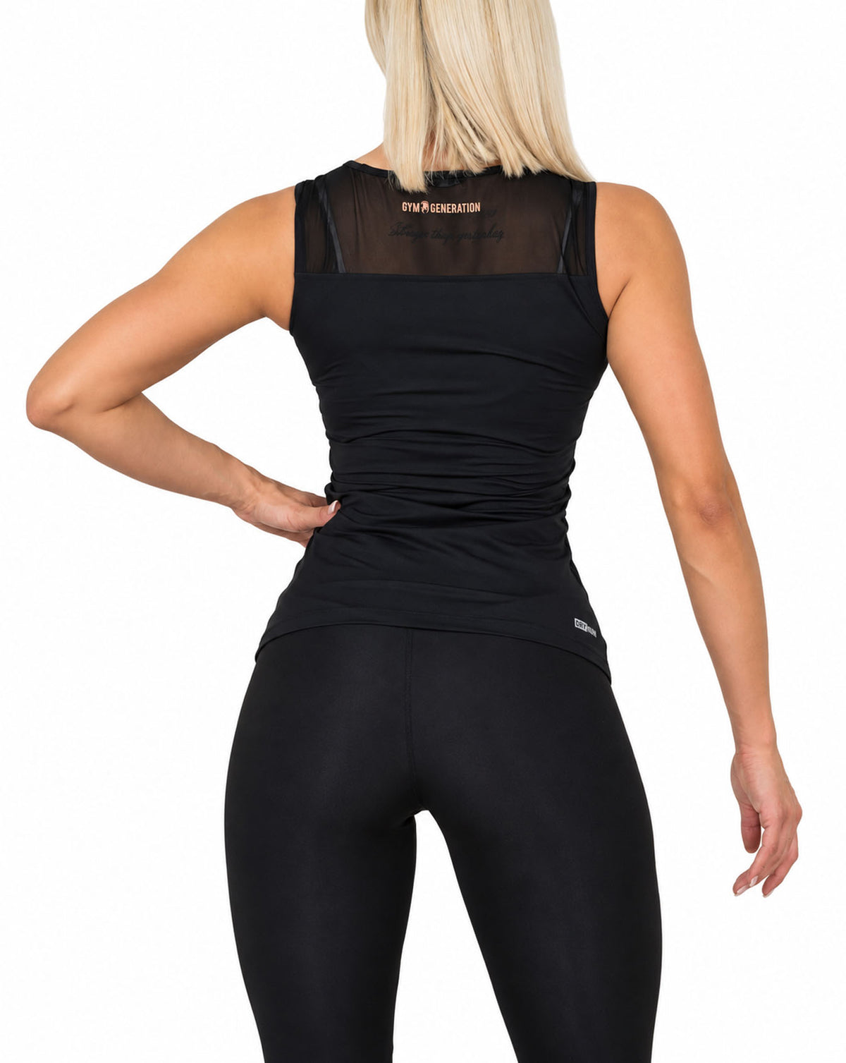 Fitness Tank Top Damen Schwarz in der Rückansicht mit Mesh-Passe und Gym Generation Schriftzug in Rosé-Gold