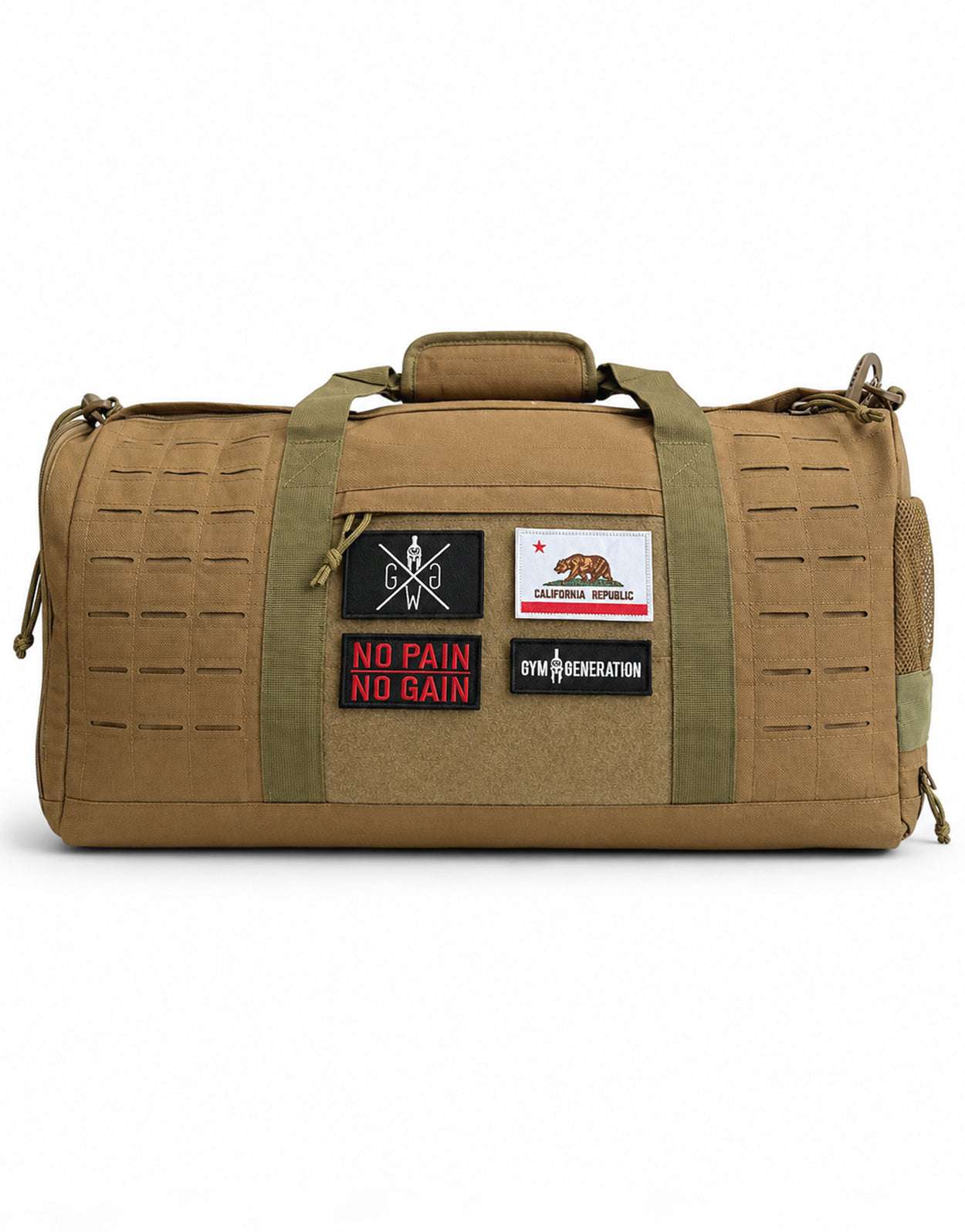 Gym Generation Fitness Sporttasche Maverick in Beige mit Klett-Patches, Tragegriffen, Laser-Cut-MOLLE und robustem Gym-Bag-Design