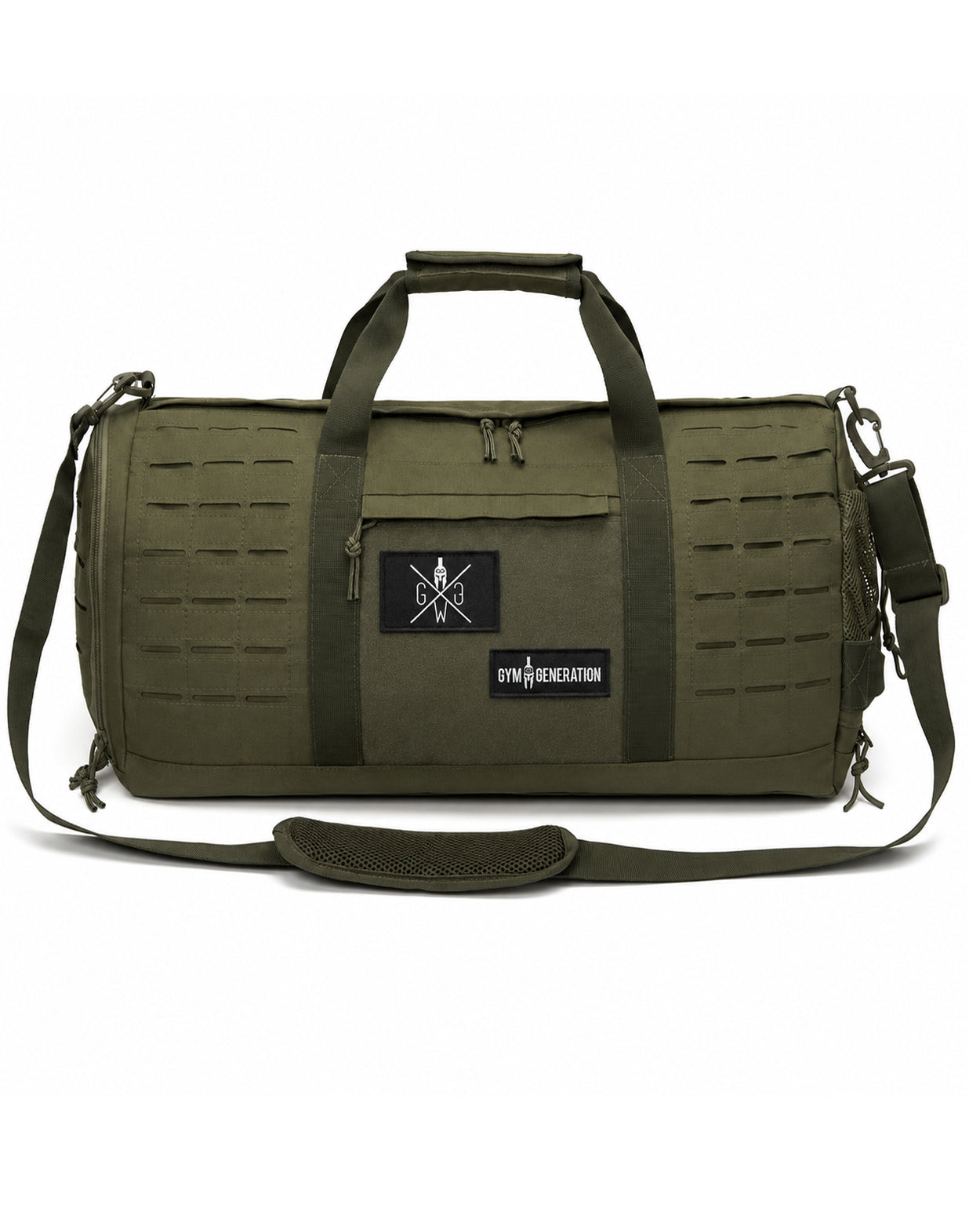 Gym Generation Fitness Sporttasche Maverick in Olive, Frontansicht mit Schultergurt, Tragegriffen, Laser-Cut-MOLLE und Patches