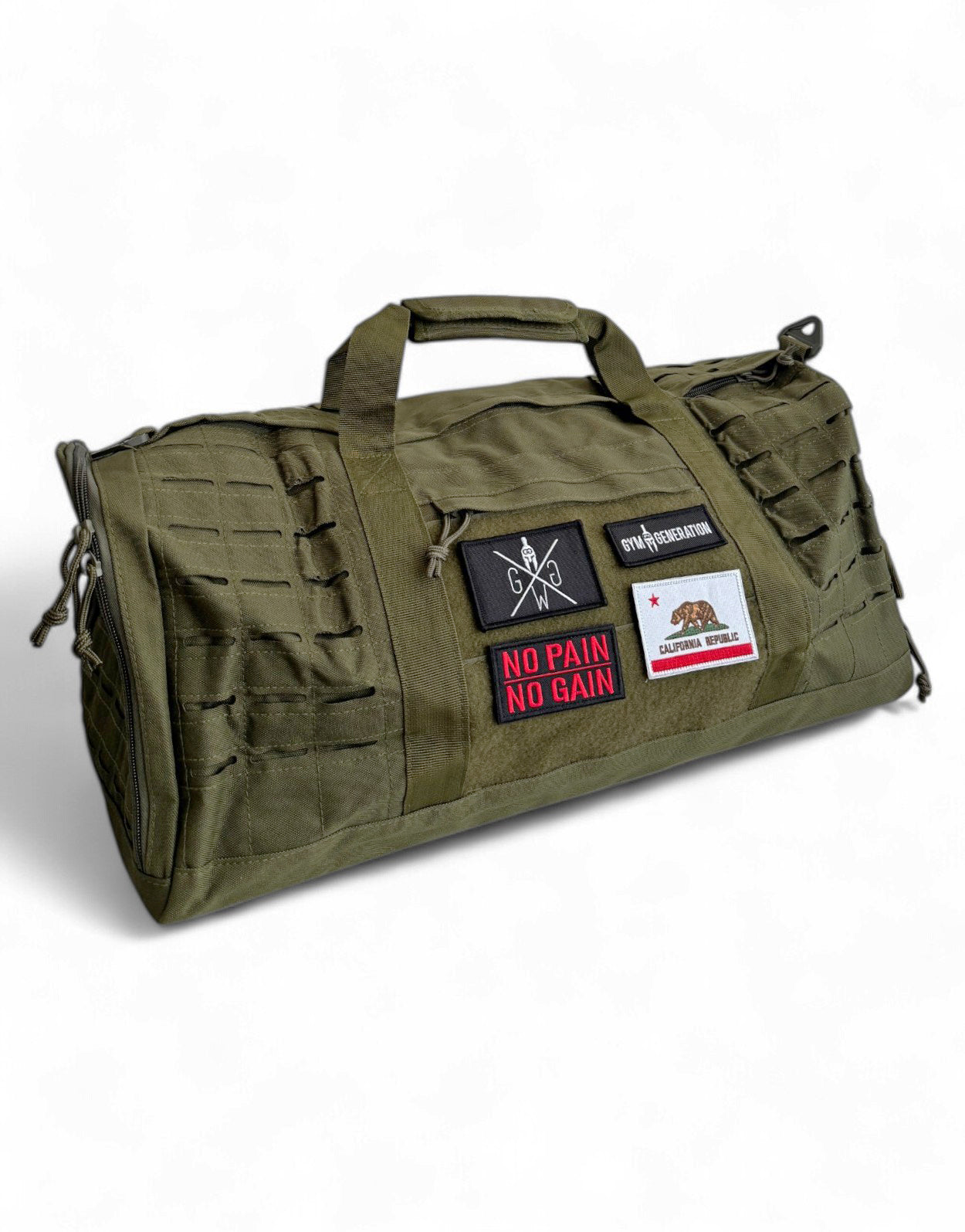 Sporttasche mit Schuhfach Olive – Vielseitige Fitness Tasche von Gym Generation, ideal für Training, Reisen und Freizeit, personalisierbar mit Patches.