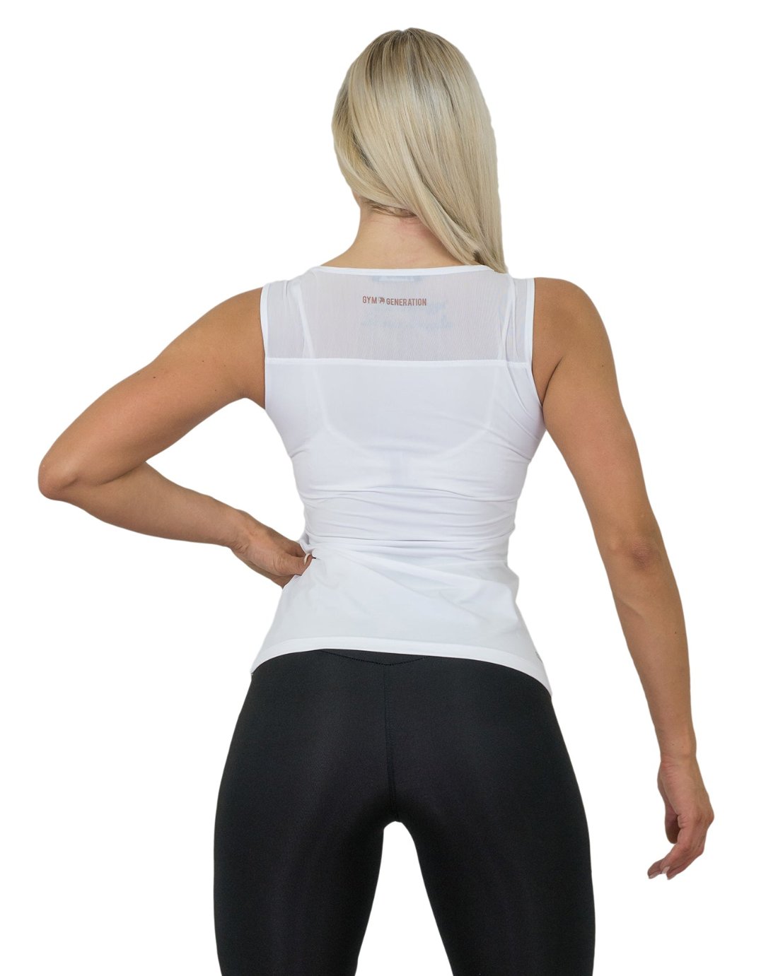 Fitness Top Damen Weiß mit Rose Gold Design und Mesh-Einsätzen, ideal für Gym, Yoga und Freizeit.