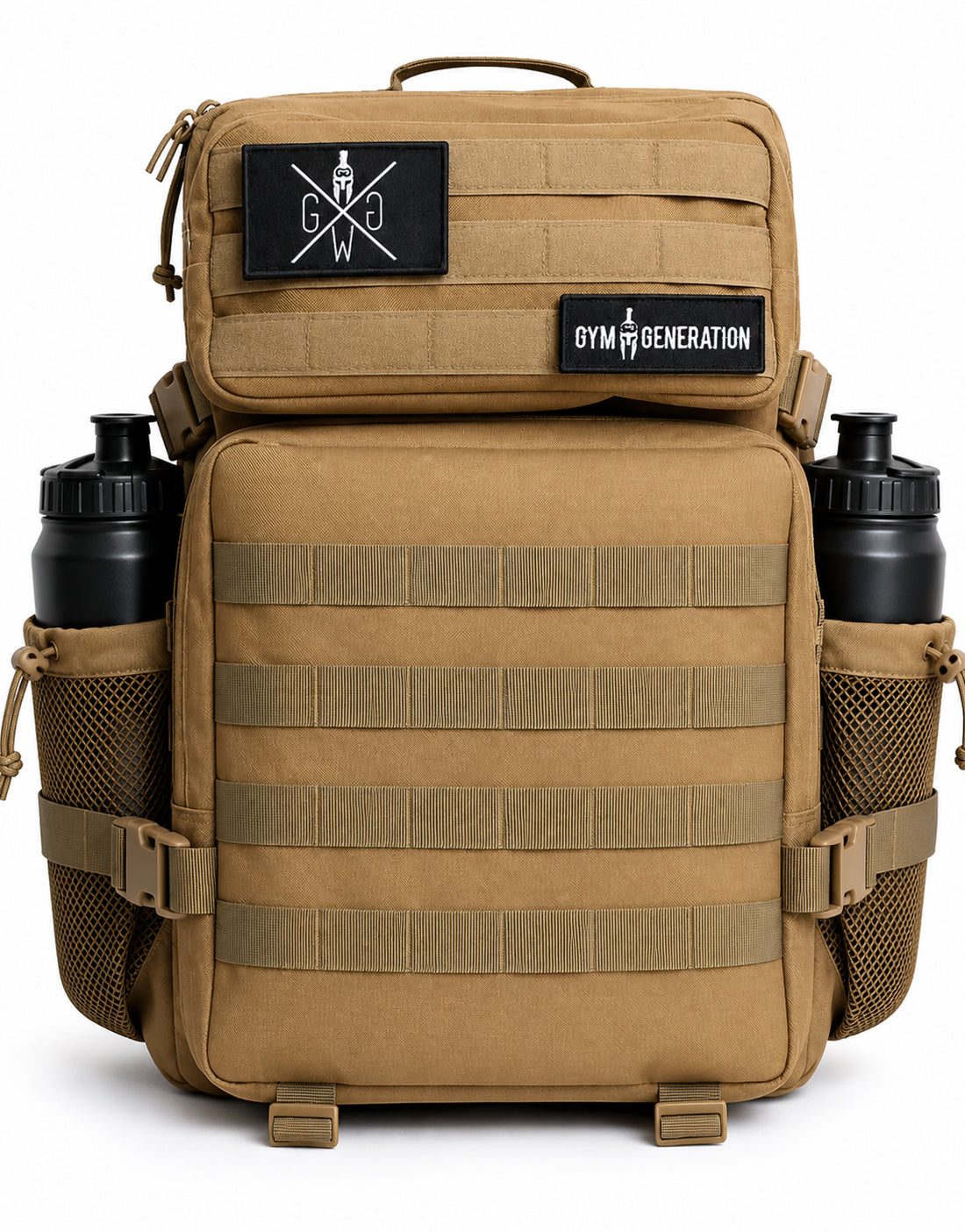 Gym Rucksack Adventurer in Sahara Beige 45 Liter, Frontansicht mit klassischem aufgenähtem MOLLE-Gurtband und zwei Flaschenhaltern