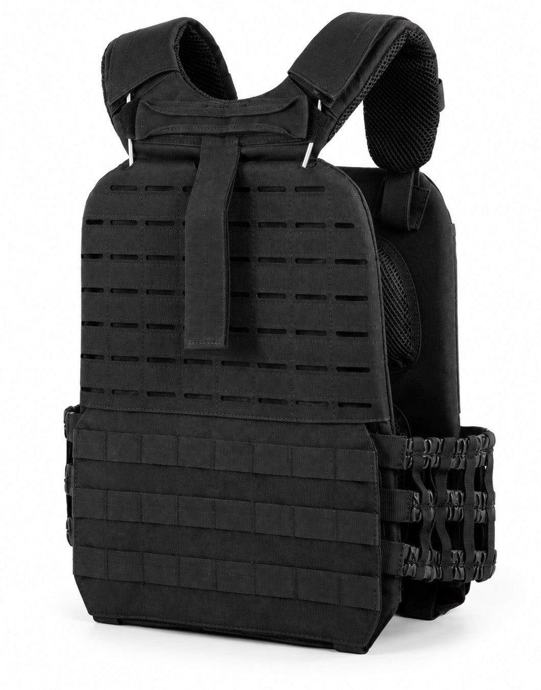 Weight vest from the back – plate carrier cut with a MOLLE grid and adjustable Velcro straps, one size for any torso