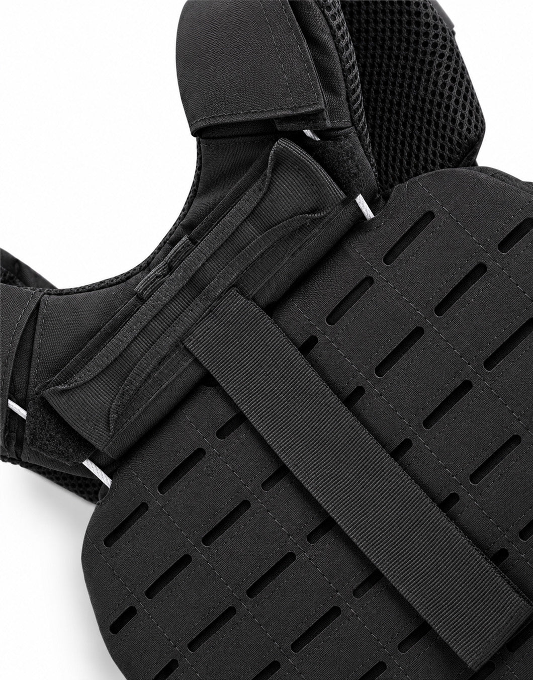 Weight jacket in detail – padded shoulder section with Velcro closure and a laser-cut MOLLE panel, Gym Generation workout vest