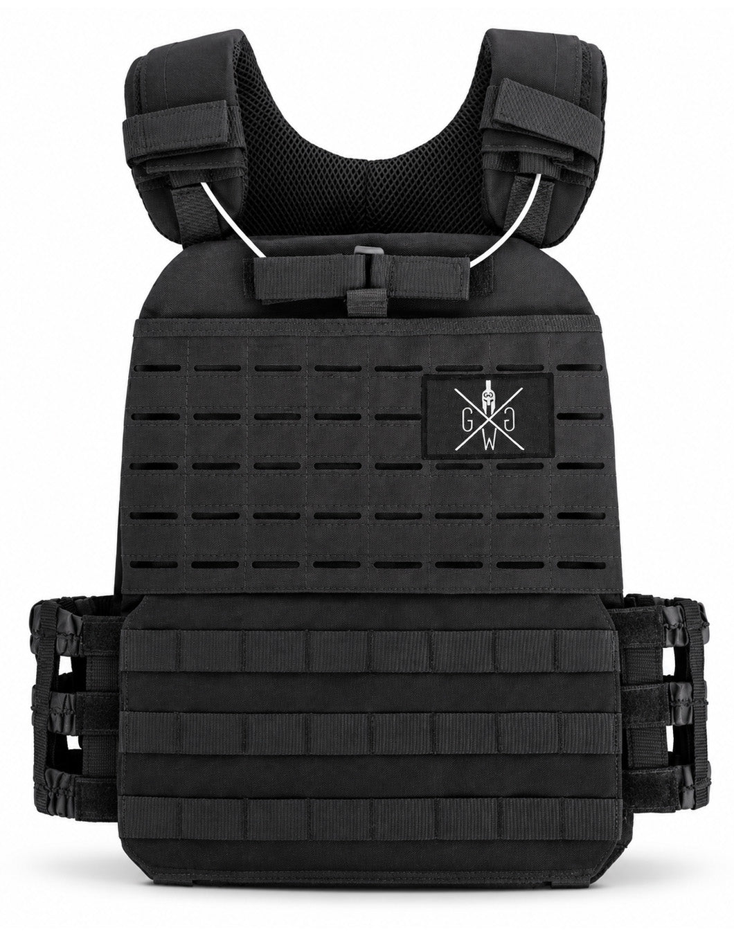 Weighted vest front view – black weight vest with a Velcro area for patches on the laser-cut MOLLE grid