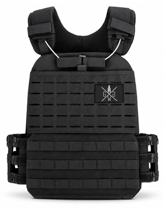 Trainingsweste mit Gewicht in der Frontansicht – schwarze Gewichtsweste mit Klettfläche für Patches auf dem lasergeschnittenen MOLLE-Raster