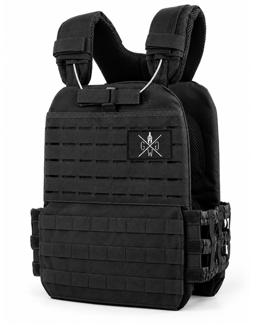 Gym Generation weight vest in black with a laser-cut MOLLE panel and logo patch – adjustable training vest for pull-ups and calisthenics
