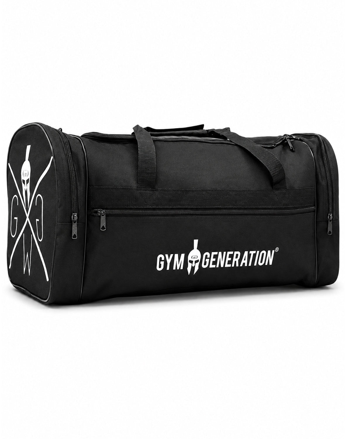 Grosse Fitness Sporttasche in Schwarz mit 65 Litern, Seitenansicht mit Fronttasche und weissem Gym Generation Logo
