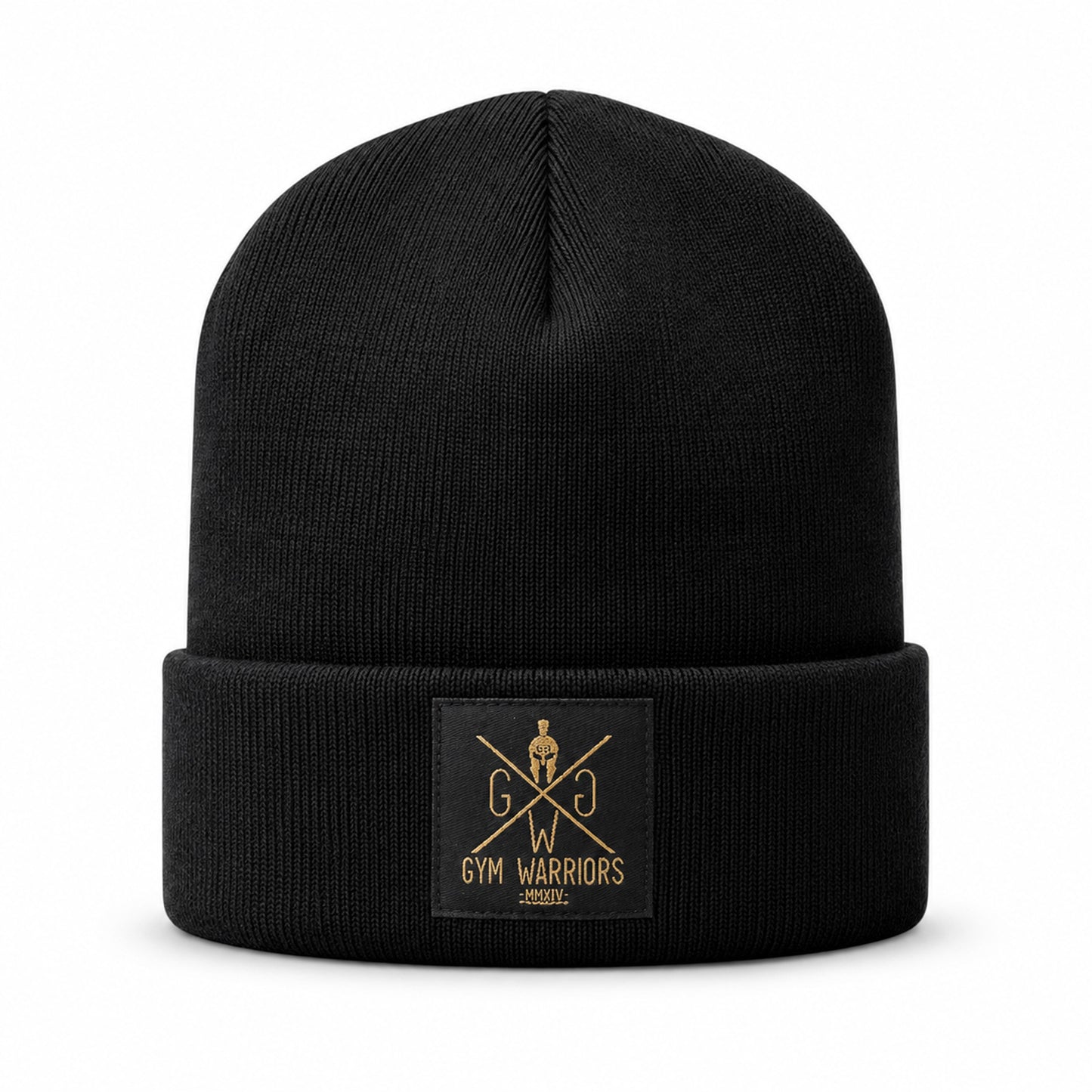Gym Beanie Schwarz von Gym Generation – Mütze mit feinem Strick, breitem Umschlag und goldenem Patch