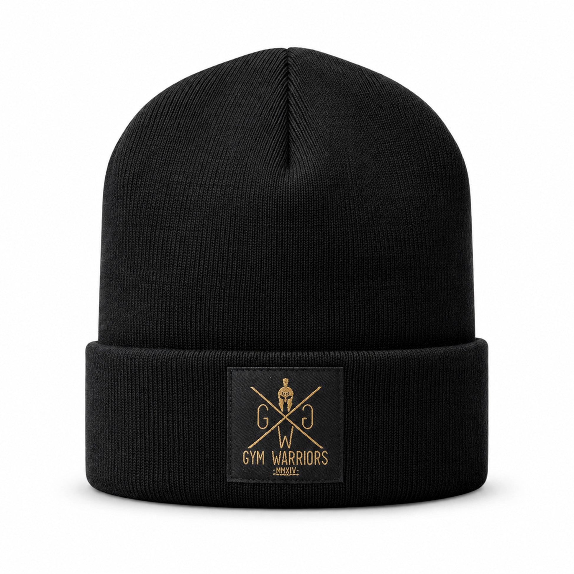 Gym Beanie Schwarz von Gym Generation – Mütze mit feinem Strick, breitem Umschlag und goldenem Patch