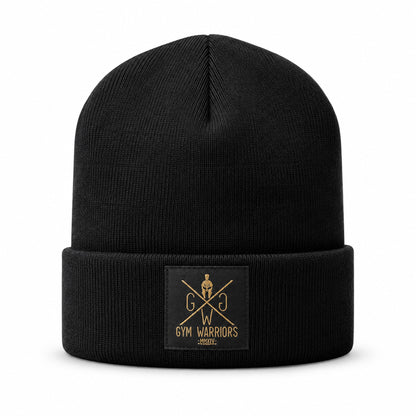 Gym Beanie Schwarz von Gym Generation – Mütze mit feinem Strick, breitem Umschlag und goldenem Patch