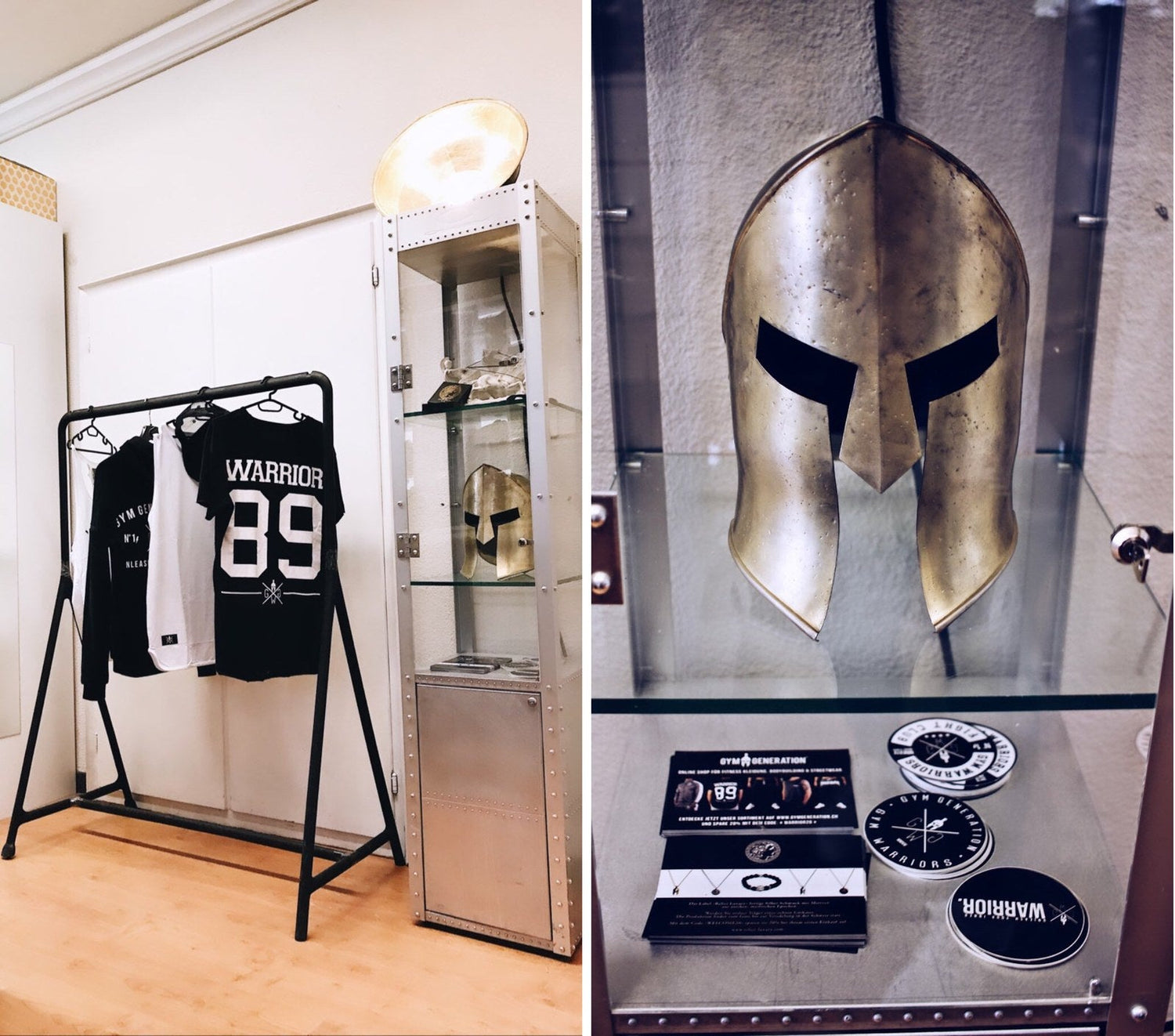 Gym Generation Showroom mit Gym Warriors Shirt, Spartanerhelm und Marken-Display