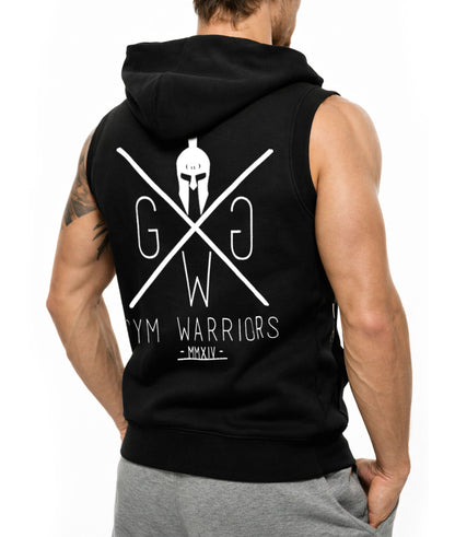 Gym Generation ärmelloser Hoodie schwarz Herren – schräge Rückenansicht mit Spartaner GGW Logo, Sleeveless Gym Hoodie für Krafttraining