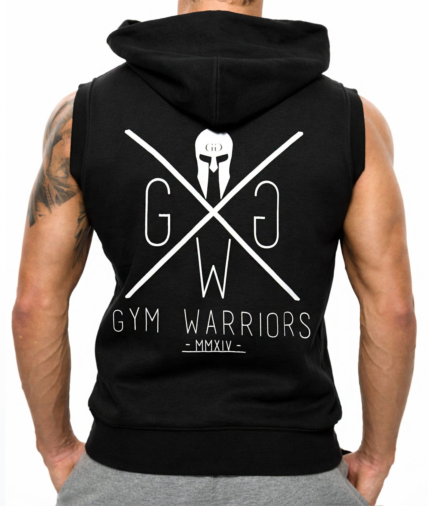 Gym Generation ärmelloser Hoodie schwarz Herren – Rückenansicht mit Spartaner Gym Warriors Logo, Sleeveless Gym Hoodie für Krafttraining